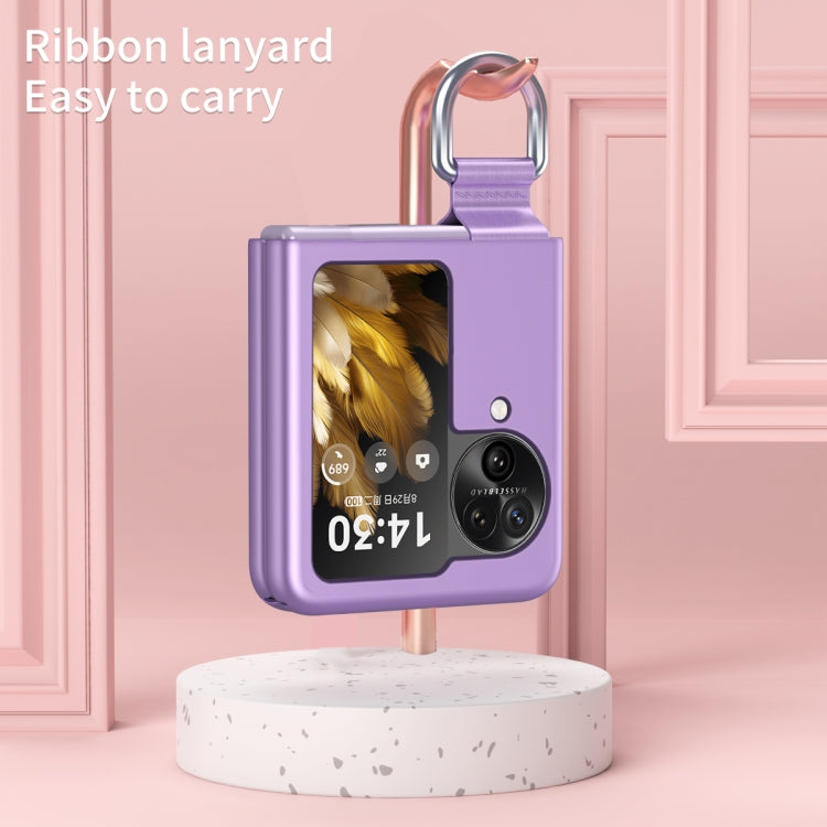 For OPPO Find N3 Flip Silk Ribbon Ring Plain Leather Phone Case(Indigo) - Find N3 Flip Cases by PMC TechLife | Online Shopping South Africa | PMC TechLife