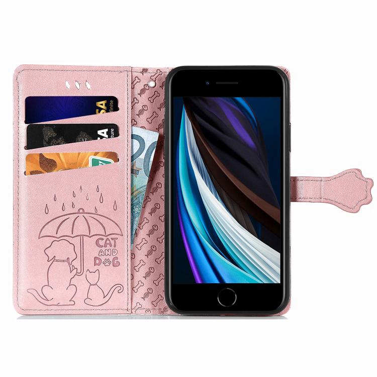 For iPhone 16e Cat and Dog Embossed Leather Phone Case(Rose Gold) - iPhone 16e Cases by PMC TechLife | Online Shopping South Africa | PMC TechLife | Buy Now Pay Later Mobicred