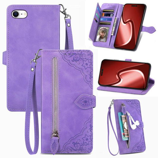 For iPhone 16e Embossed Flower Zipper Leather Phone Case(Purple) - iPhone 16e Cases by PMC Jewellery | Online Shopping South Africa | PMC Jewellery | Buy Now Pay Later Mobicred