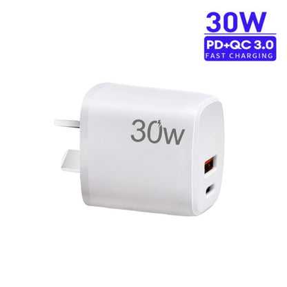 PD30W USB-C / Type-C + QC3.0 USB Charger with 1m Type-C to 8 Pin Data Cable, AU Plug(White) - USB Charger by PMC Jewellery | Online Shopping South Africa | PMC Jewellery | Buy Now Pay Later Mobicred