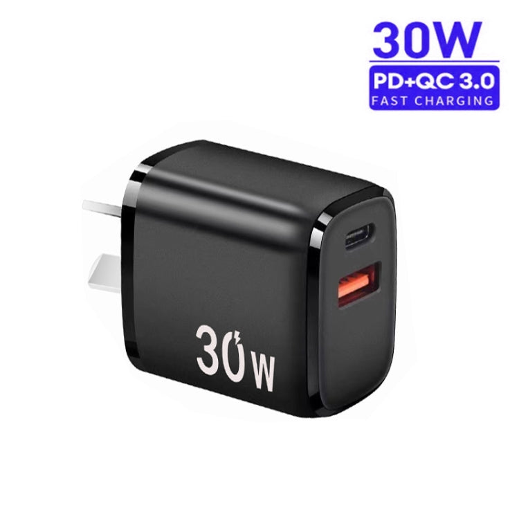 PD30W USB-C / Type-C + QC3.0 USB Charger with 1m Type-C to 8 Pin Data Cable, AU Plug(Black) - USB Charger by PMC Jewellery | Online Shopping South Africa | PMC Jewellery | Buy Now Pay Later Mobicred