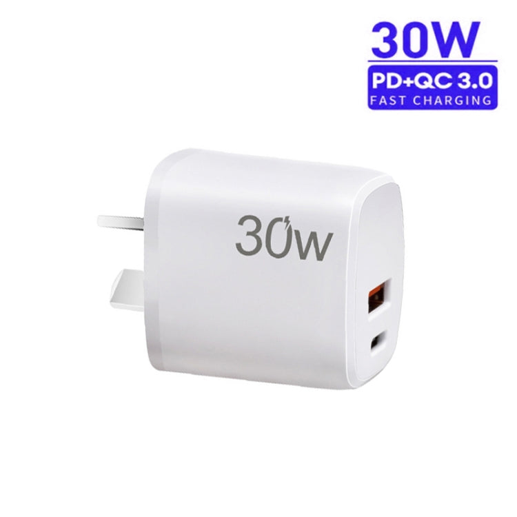 PD30W USB-C / Type-C + QC3.0 USB Charger with 1m USB to 8 Pin Data Cable, AU Plug(White) - USB Charger by PMC Jewellery | Online Shopping South Africa | PMC Jewellery | Buy Now Pay Later Mobicred