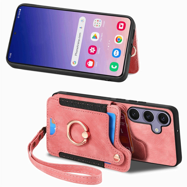 For Samsung Galaxy S25 5G Retro Skin-feel Ring Multi-card Wallet Phone Case(Pink) - Galaxy S25 5G Cases by PMC Jewellery | Online Shopping South Africa | PMC Jewellery | Buy Now Pay Later Mobicred