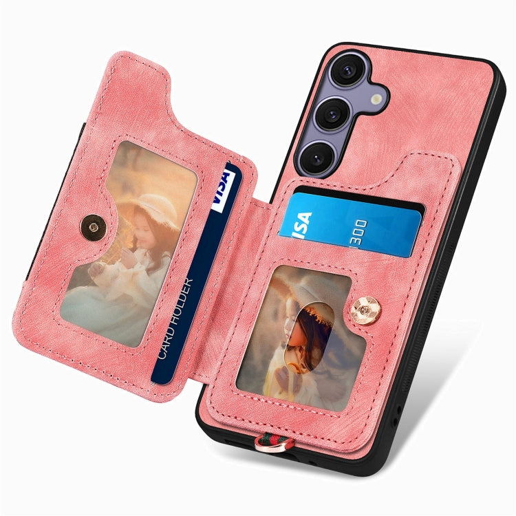 For Samsung Galaxy S25 5G Retro Skin-feel Ring Multi-card Wallet Phone Case(Pink) - Galaxy S25 5G Cases by PMC Jewellery | Online Shopping South Africa | PMC Jewellery | Buy Now Pay Later Mobicred