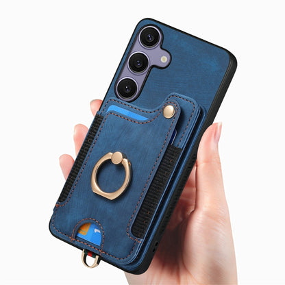 For Samsung Galaxy S25 5G Retro Skin-feel Ring Multi-card Wallet Phone Case(Blue) - Galaxy S25 5G Cases by PMC Jewellery | Online Shopping South Africa | PMC Jewellery | Buy Now Pay Later Mobicred