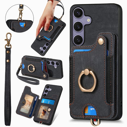 For Samsung Galaxy S25+ 5G Retro Skin-feel Ring Multi-card Wallet Phone Case(Black) - Galaxy S25+ 5G Cases by PMC Jewellery | Online Shopping South Africa | PMC Jewellery | Buy Now Pay Later Mobicred