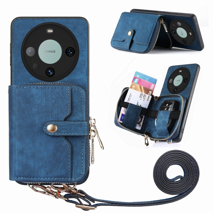 For Huawei Mate 60 Pro Crossbody Multi-function Zipper Wallet Phone Case(Blue) - Huawei Cases by PMC TechLife | Online Shopping South Africa | PMC TechLife | Buy Now Pay Later Mobicred