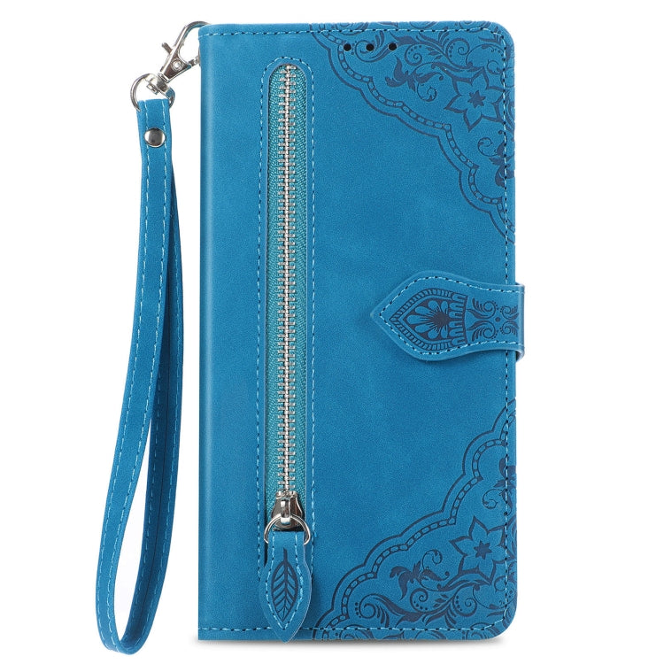 For Honor Magic6 Pro Embossed Flower Zipper Leather Phone Case(Blue) - Honor Cases by PMC Jewellery | Online Shopping South Africa | PMC Jewellery | Buy Now Pay Later Mobicred