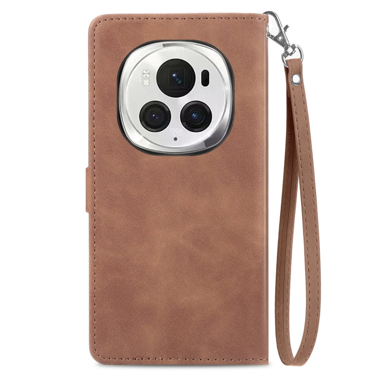 For Honor Magic6 Pro Embossed Flower Zipper Leather Phone Case(Brown) - Honor Cases by PMC Jewellery | Online Shopping South Africa | PMC Jewellery | Buy Now Pay Later Mobicred