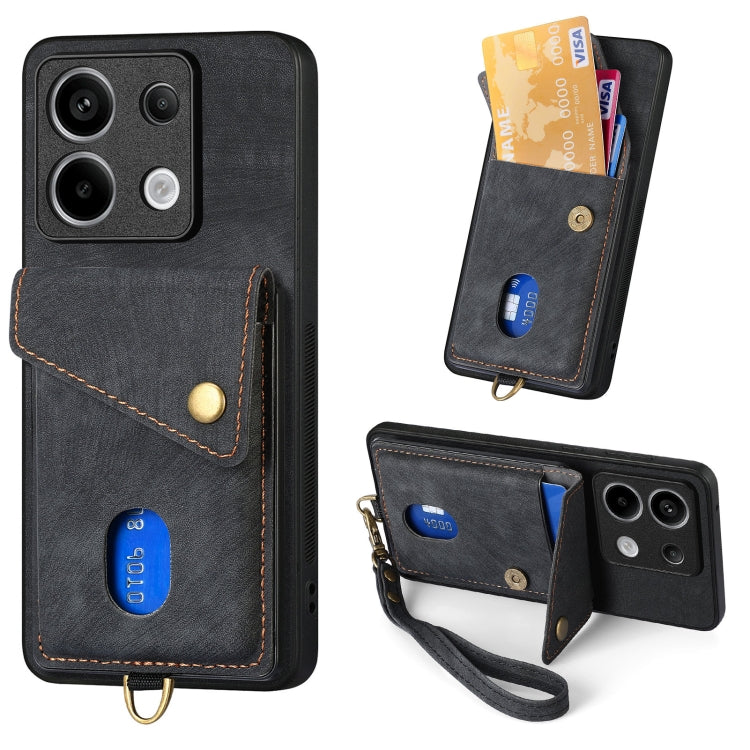 For Xiaomi Redmi Note 13 Pro 5G Retro Card Wallet Fold Leather Phone Case with Strap(Black) - Note 13 Pro Cases by PMC Jewellery | Online Shopping South Africa | PMC Jewellery | Buy Now Pay Later Mobicred