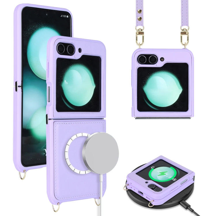 For Samsung Galaxy Z Flip5 5G Crossbody R20 Texture Leather Magsafe Phone Case(Purple) - Galaxy Z Flip5 Cases by PMC Jewellery | Online Shopping South Africa | PMC Jewellery