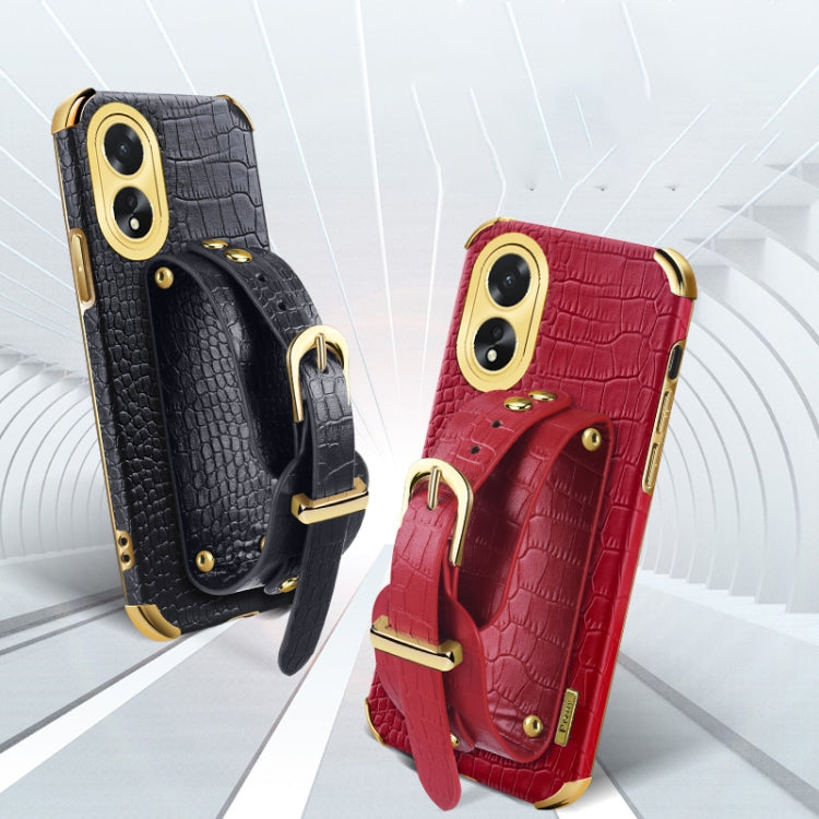 For OPPO A38 Electroplated Wrist Strap Crocodile Leather Back Phone Case(White) - OPPO Cases by PMC TechLife | Online Shopping South Africa | PMC TechLife | Buy Now Pay Later Mobicred