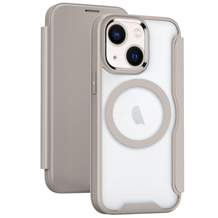 For iPhone 14 Plus MagSafe RFID Blocking Adsorption Flip Leather Phone Case(Khaki) - iPhone 14 Plus Cases by PMC TechLife | Online Shopping South Africa | PMC TechLife
