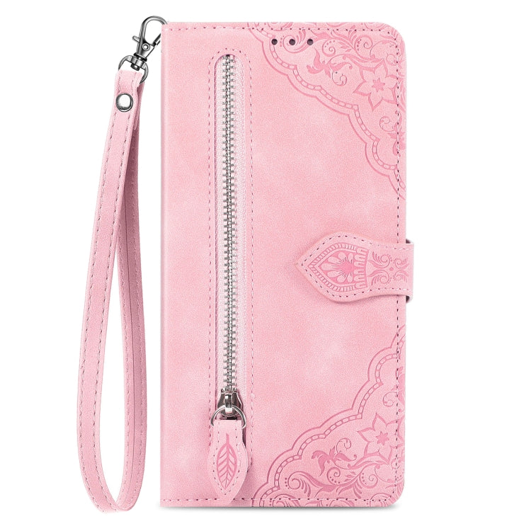 For Xiaomi Redmi 13C Embossed Flower Zipper Leather Phone Case(Pink) - 13C Cases by PMC TechLife | Online Shopping South Africa | PMC TechLife