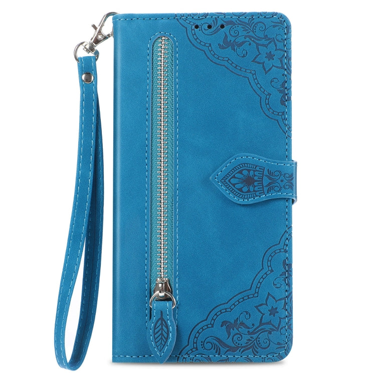 For Xiaomi 14 Embossed Flower Zipper Leather Phone Case(Blue) - 14 Cases by PMC TechLife | Online Shopping South Africa | PMC TechLife | Buy Now Pay Later Mobicred