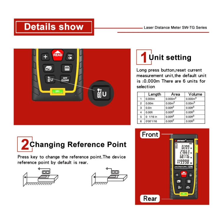 SNDWAY Double Horizontal bubble Rangefinder Laser Distance Meter Range Hand Tool Device SW-TG120 - free shipping - PMC Jewellery - Order now!