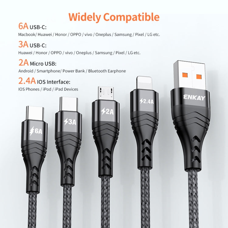 ENKAY 4-in-1 6A USB-A to Type-C / 8 Pin / Micro USB Multifunction Fast Charging Cable, Cable Length:1m(Black) - Multifunction Cable by ENKAY | Online Shopping South Africa | PMC Jewellery | Buy Now Pay Later Mobicred