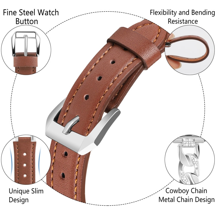 For Apple Watch SE 2022 40mm Rhinestone Denim Chain Leather Watch Band(Brown) - Watch Bands by PMC Jewellery | Online Shopping South Africa | PMC Jewellery