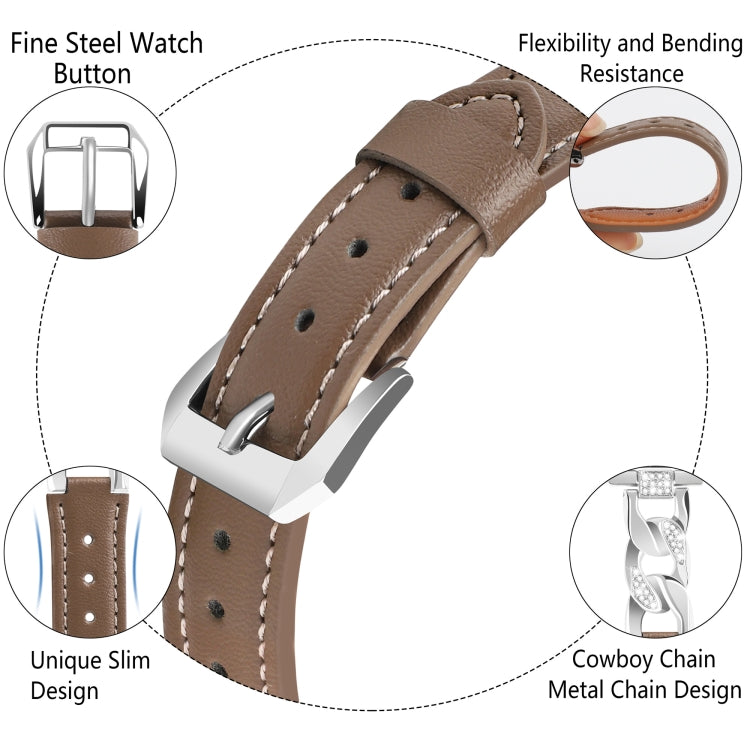 For Apple Watch SE 2022 40mm Rhinestone Denim Chain Leather Watch Band(Dark Brown) - Watch Bands by PMC Jewellery | Online Shopping South Africa | PMC Jewellery