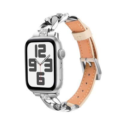 For Apple Watch Series 7 41mm Rhinestone Denim Chain Leather Watch Band(Apricot) - Watch Bands by PMC Jewellery | Online Shopping South Africa | PMC Jewellery