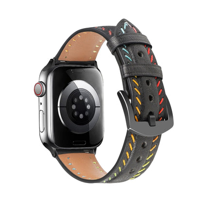 For Apple Watch Series 9 45mm Colorful Sewing Thread Leather Watch Band(Black) - Watch Bands by PMC Jewellery | Online Shopping South Africa | PMC Jewellery