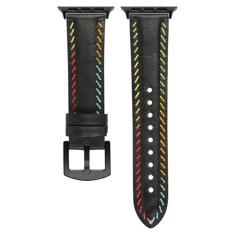For  Apple Watch Series 5 44mm Colorful Sewing Thread Leather Watch Band(Black) - free shipping - PMC TechLife - Order now!