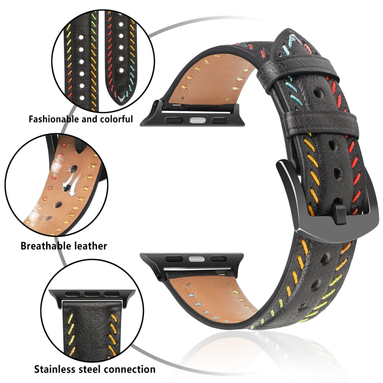 For  Apple Watch Series 5 40mm Colorful Sewing Thread Leather Watch Band(Black) - Watch Bands by PMC Jewellery | Online Shopping South Africa | PMC Jewellery