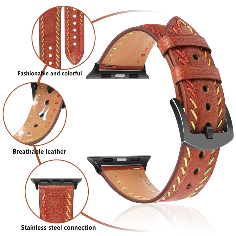 For Apple Watch Series 3 38mm Colorful Sewing Thread Leather Watch Band(Brown) - Watch Bands by PMC Jewellery | Online Shopping South Africa | PMC Jewellery