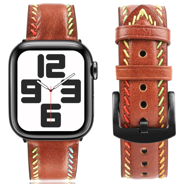 For Apple Watch Series 3 38mm Colorful Sewing Thread Leather Watch Band(Brown) - Watch Bands by PMC Jewellery | Online Shopping South Africa | PMC Jewellery