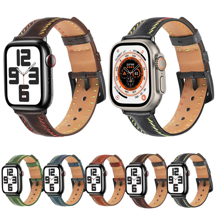 For  Apple Watch Series 5 44mm Colorful Sewing Thread Leather Watch Band(Black) - Watch Bands by PMC Jewellery | Online Shopping South Africa | PMC Jewellery