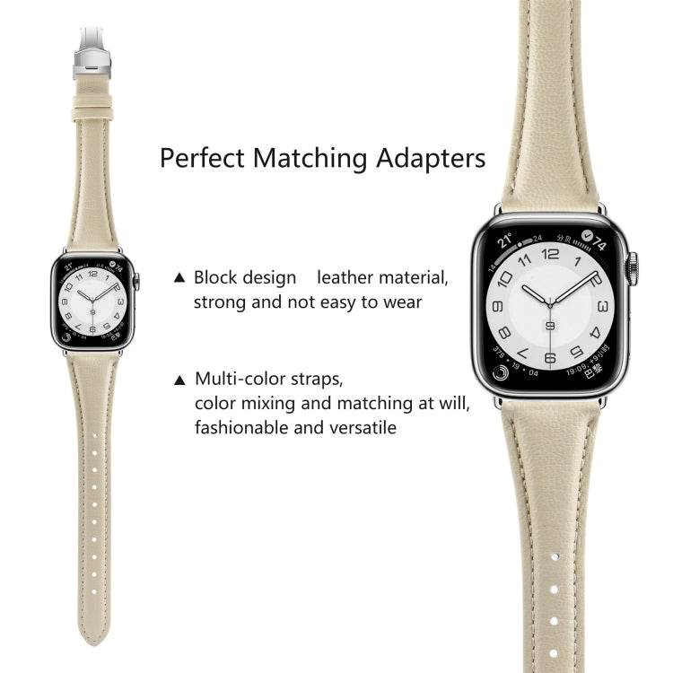 For Apple Watch Series 9 45mm Plain Leather Butterfly Buckle Watch Band(Beige+Silver) - free shipping - PMC TechLife - Order now!