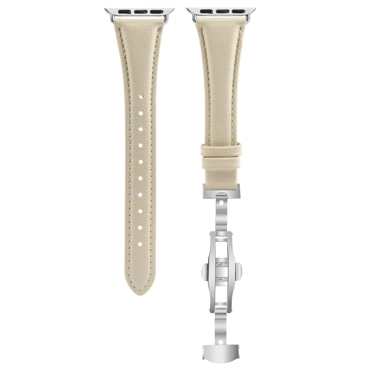 For Apple Watch Series 5 40mm Plain Leather Butterfly Buckle Watch Band(Beige+Silver) - free shipping - PMC TechLife - Order now!