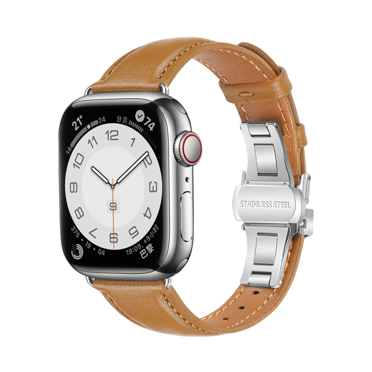 For Apple Watch Series 5 40mm Plain Leather Butterfly Buckle Watch Band(Brown+Silver) - free shipping - PMC TechLife - Order now!