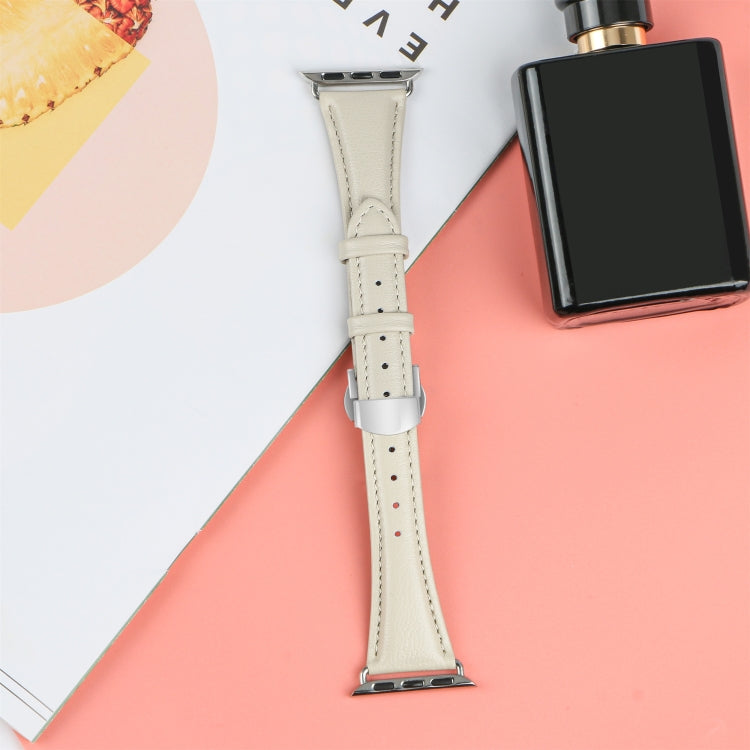 For Apple Watch Series 3 42mm Plain Leather Butterfly Buckle Watch Band(Beige+Silver) - free shipping - PMC TechLife - Order now!