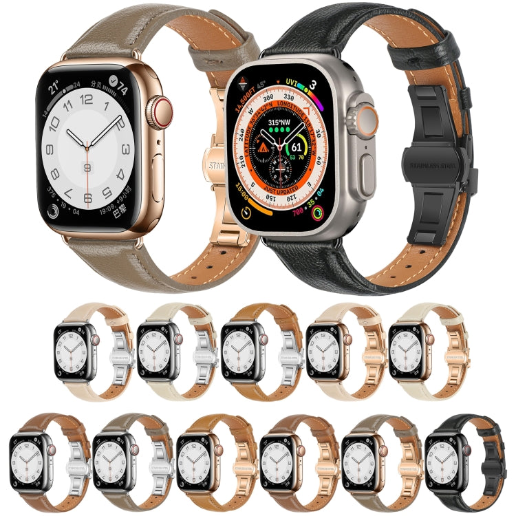 For Apple Watch Ultra 2 49mm Plain Leather Butterfly Buckle Watch Band(Brown+Silver) - free shipping - PMC TechLife - Order now!