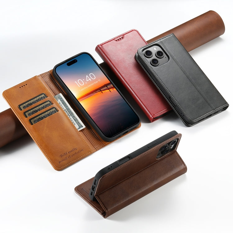 For iPhone 16 Plus Suteni Calf Texture Horizontal Flip Leather Phone Case(Brown) - iPhone 16 Plus Cases by Suteni | Online Shopping South Africa | PMC Jewellery | Buy Now Pay Later Mobicred