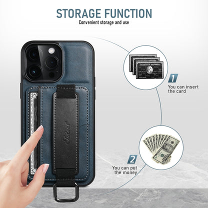 For iPhone 16 Pro Max Suteni H13 Card Wallet Wrist Strap Holder PU Phone Case(Blue) - iPhone 16 Pro Max Cases by Suteni | Online Shopping South Africa | PMC Jewellery | Buy Now Pay Later Mobicred