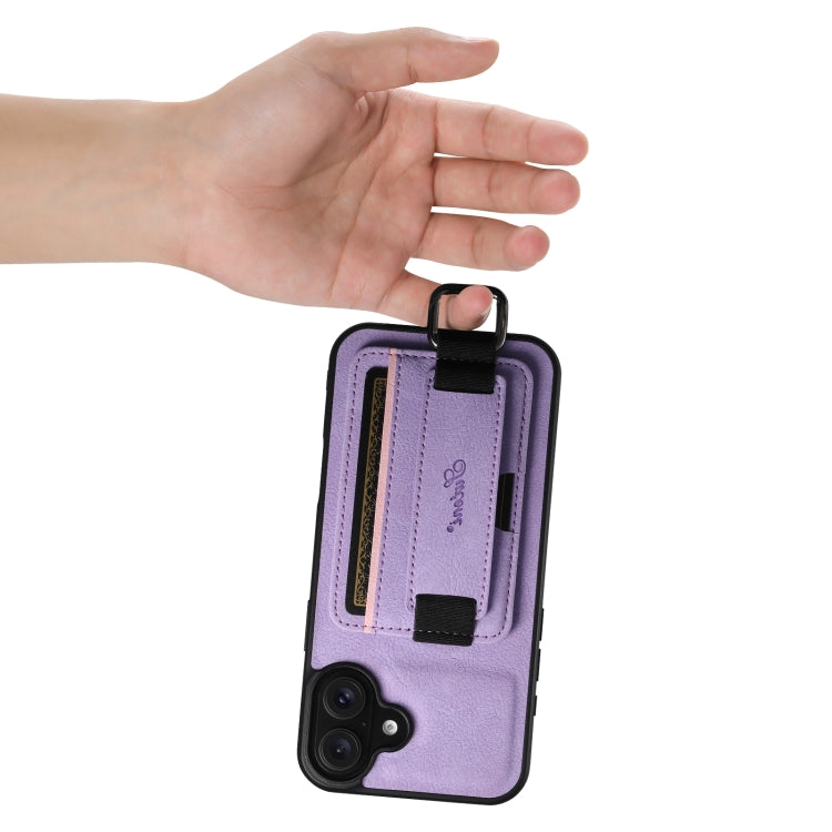 For iPhone 16 Plus Suteni H13 Litchi Leather Wrist Strap Wallet Back Phone Case(Purple) - iPhone 16 Plus Cases by Suteni | Online Shopping South Africa | PMC Jewellery | Buy Now Pay Later Mobicred