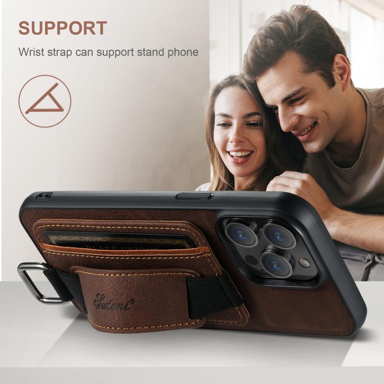 For iPhone 16e Suteni H13 Litchi Leather Wrist Strap Wallet Back Phone Case(Brown) - iPhone 16e Cases by Suteni | Online Shopping South Africa | PMC TechLife | Buy Now Pay Later Mobicred