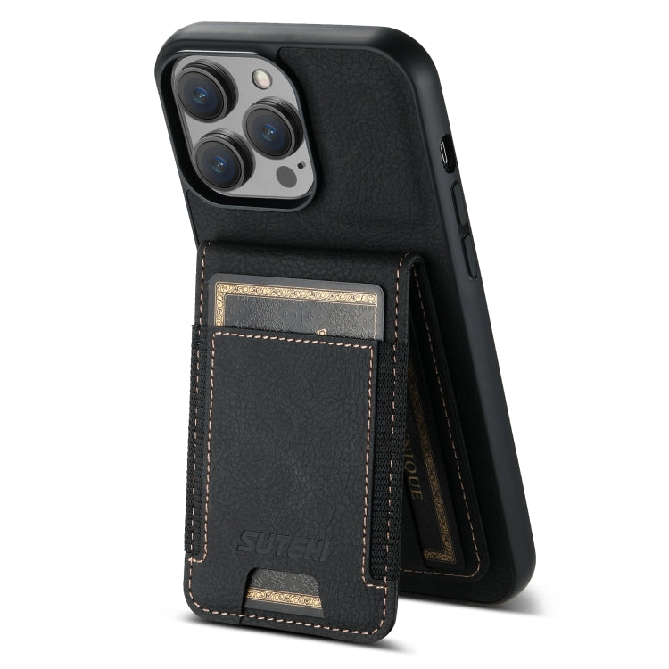 For iPhone 15 Pro Max Suteni H03 Litchi Leather Card Bag Stand Back Phone Case(Black) - iPhone 15 Pro Max Cases by Suteni | Online Shopping South Africa | PMC Jewellery | Buy Now Pay Later Mobicred