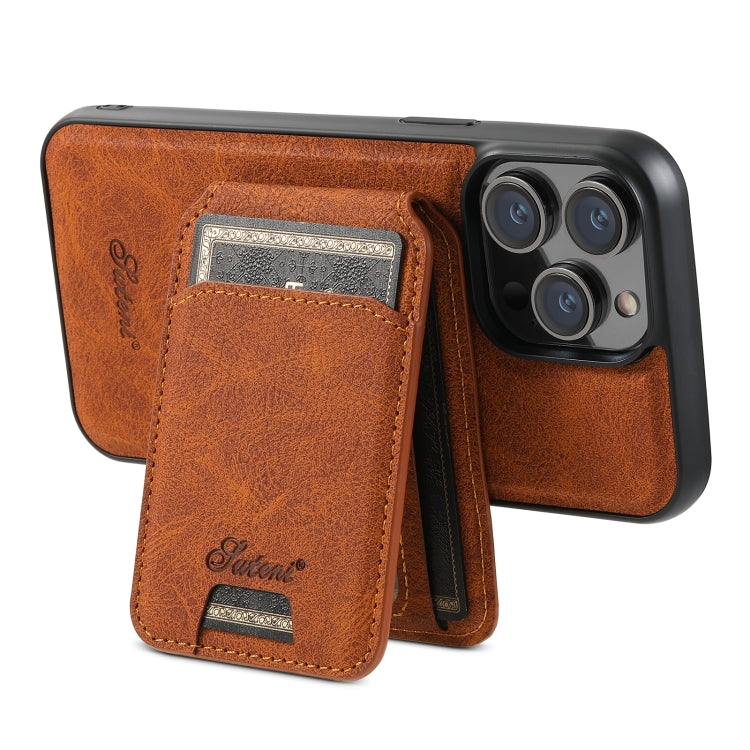 For iPhone 15 Plus Suteni H17 Litchi Texture Leather MagSafe Detachable Wallet Phone Case(Khaki) - iPhone 15 Plus Cases by Suteni | Online Shopping South Africa | PMC Jewellery | Buy Now Pay Later Mobicred