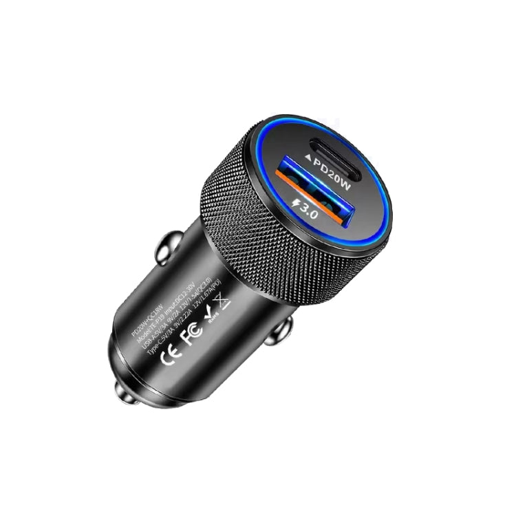 P19 Metal PD20W USB-C + QC18W USB Car Charger with Type-C to 8 Pin Date Cable(Black) - Car Charger by PMC Jewellery | Online Shopping South Africa | PMC Jewellery | Buy Now Pay Later Mobicred