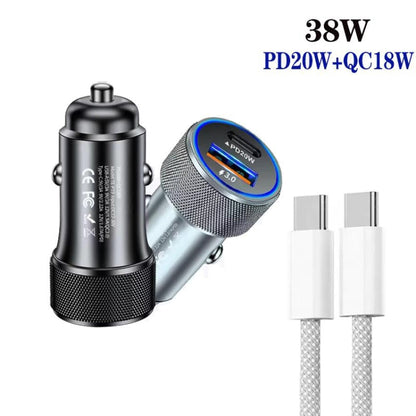 P19 Metal PD20W USB-C + QC18W USB Car Charger with USB-C to USB-C Date Cable for iPhone 15 series(Black) - Car Charger by PMC Jewellery | Online Shopping South Africa | PMC Jewellery | Buy Now Pay Later Mobicred