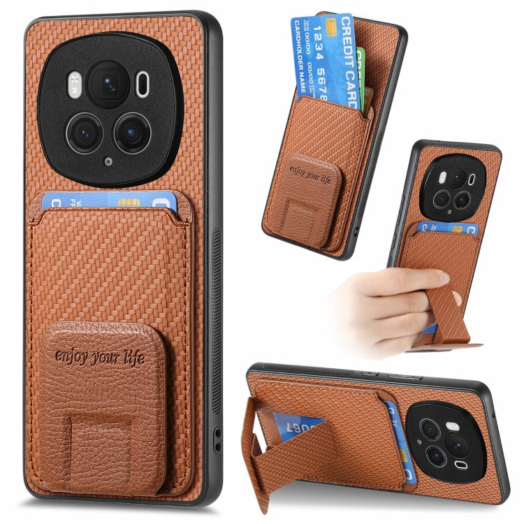 For Honor Magic6 Pro Carbon Fiber Card Bag Fold Stand Phone Case(Brown) - Honor Cases by PMC Jewellery | Online Shopping South Africa | PMC Jewellery | Buy Now Pay Later Mobicred