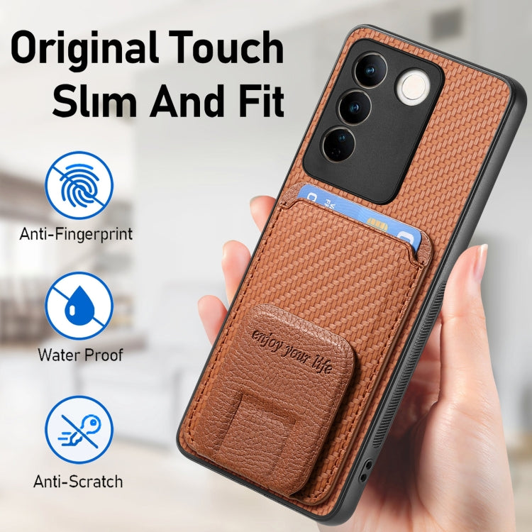 For vivo iQOO 12 Pro Carbon Fiber Card Bag Fold Stand Phone Case(Brown) - iQOO 12 Pro Cases by PMC Jewellery | Online Shopping South Africa | PMC Jewellery