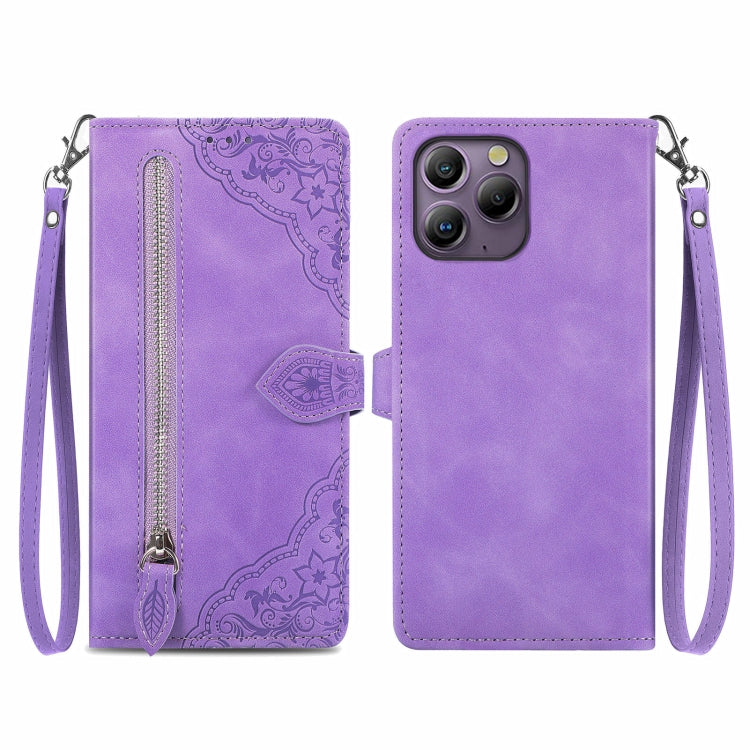 For Blackview A96 Embossed Flower Zipper Leather Phone Case(Purple) - More Brand by PMC TechLife | Online Shopping South Africa | PMC TechLife