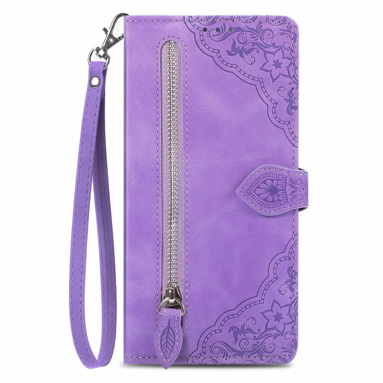 For Blackview A96 Embossed Flower Zipper Leather Phone Case(Purple) - More Brand by PMC TechLife | Online Shopping South Africa | PMC TechLife