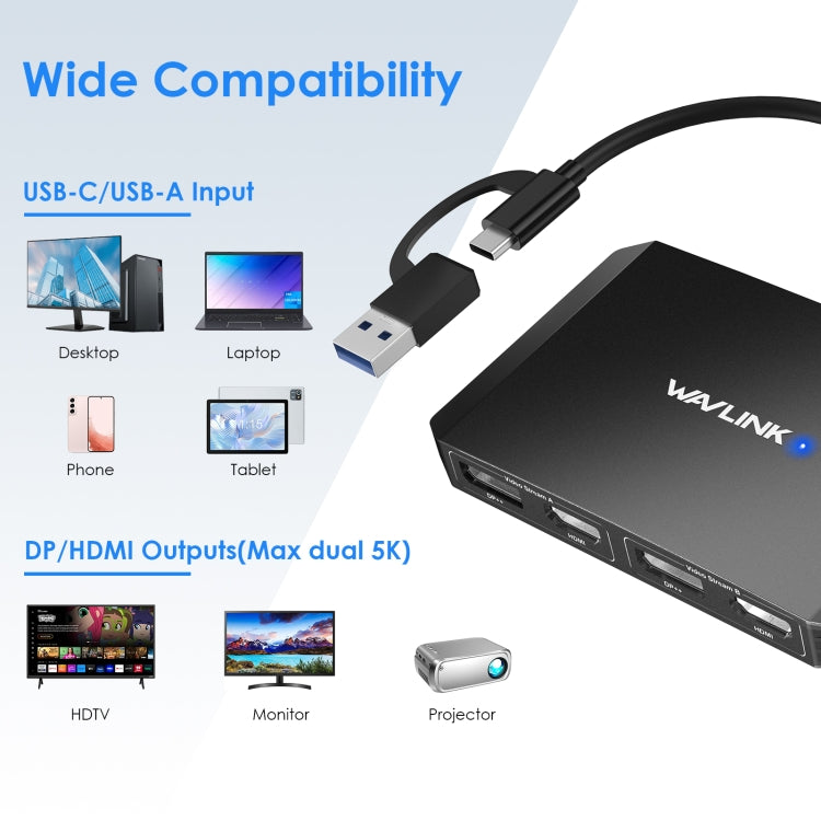 WAVLINK WL-UG69DH2 Dual Monitor USB+Type-C to Dual 4K HD DisplayPort Adapter Splitter(Black) - Splitter by WAVLINK | Online Shopping South Africa | PMC Jewellery | Buy Now Pay Later Mobicred