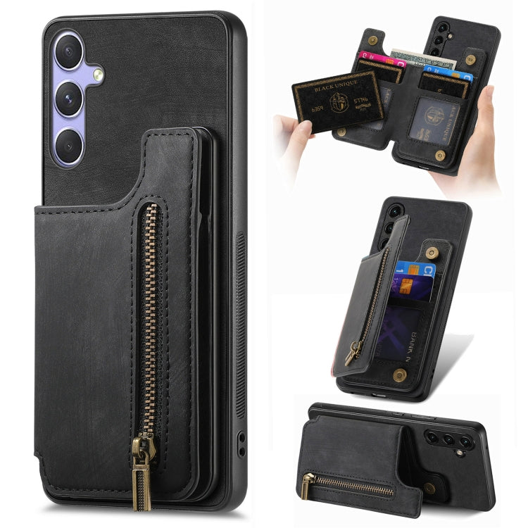 For Samsung Galaxy S25 5G Retro Leather Zipper Wallet Back Phone Case(Black) - Galaxy S25 5G Cases by PMC Jewellery | Online Shopping South Africa | PMC Jewellery | Buy Now Pay Later Mobicred