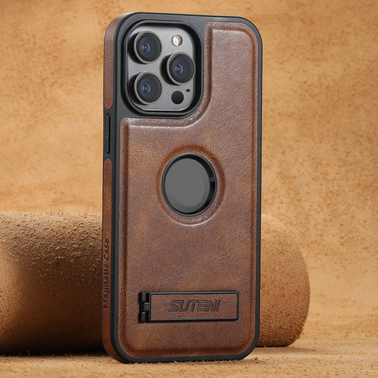 For iPhone 16 Pro Suteni G2 Magsafe Oil Wax Leather Back Phone Case with Holder(Brown) - iPhone 16 Pro Cases by Suteni | Online Shopping South Africa | PMC Jewellery | Buy Now Pay Later Mobicred